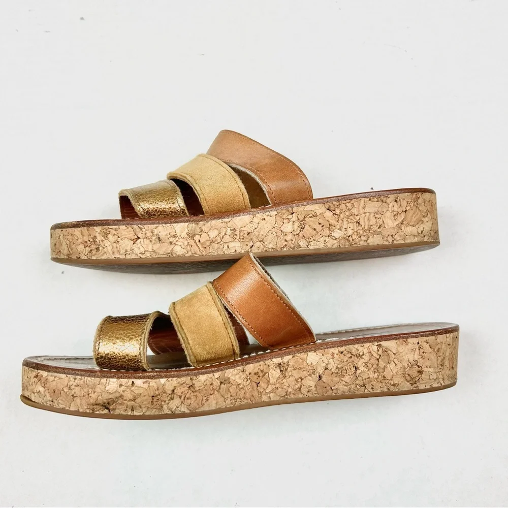 K.Jacques Gold and Tan Wedge Sandals